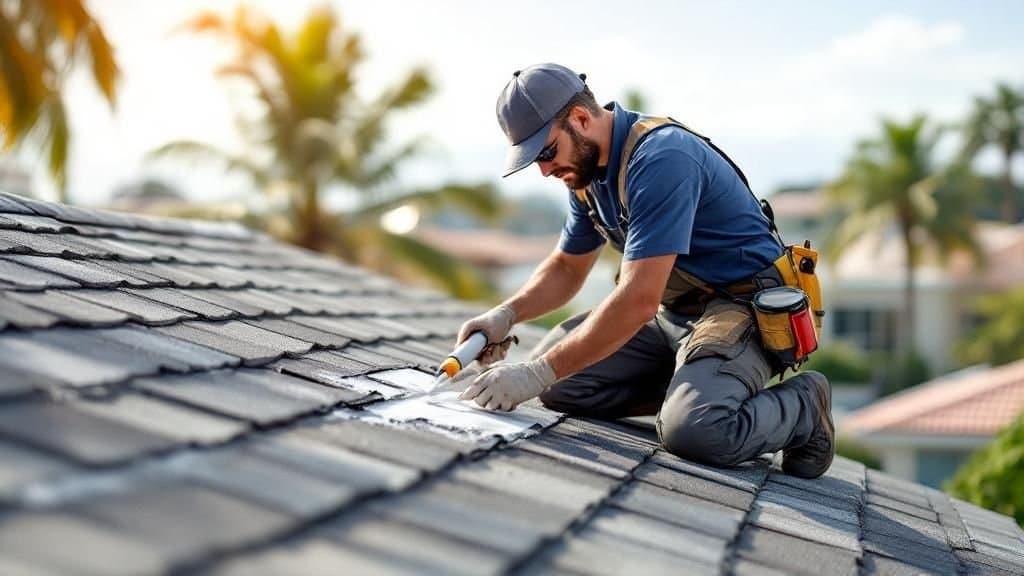 Roofer inspecting and repairing roof damage